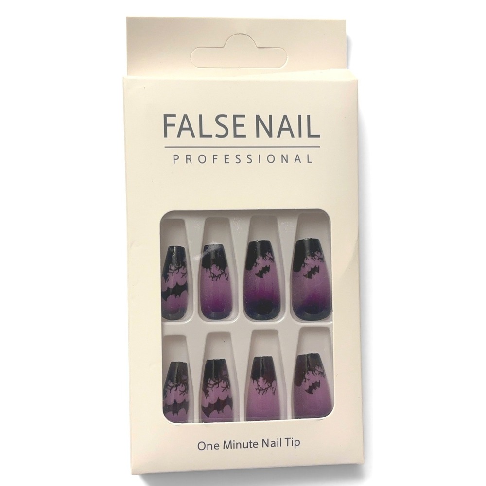 Halloween Bat Ombre Press On Nails Coffin Shape Purple Black False Nail Tips